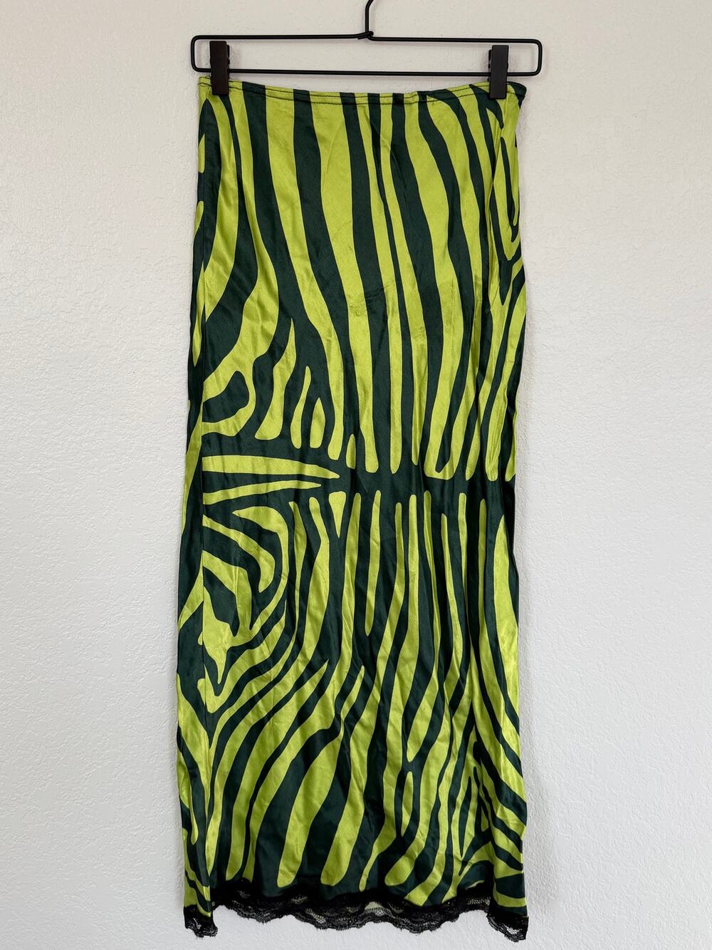 Topshop Green Zebra Satin Maxi Skirt with Lace Trim – Size 6